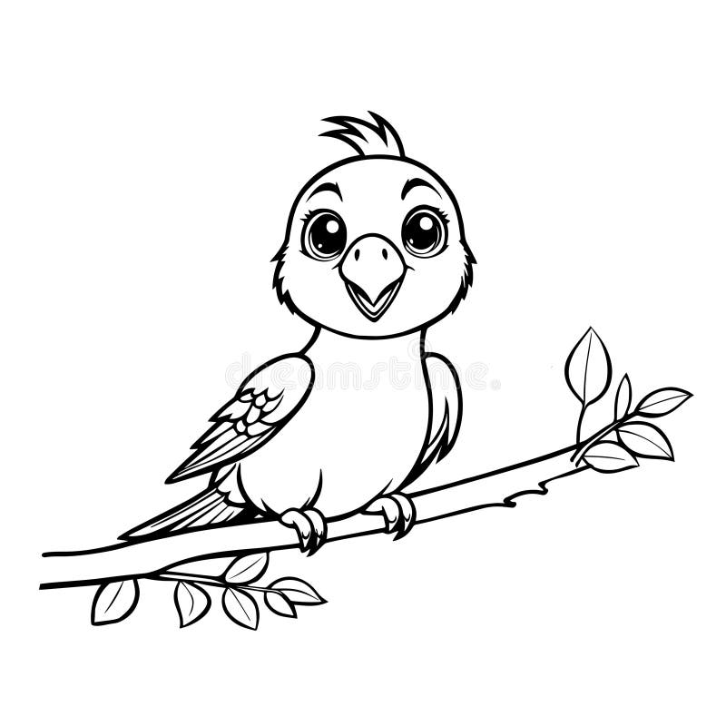 Hand-drawn black vector illustration of one parrot is sitting on a branch on a white background stock illustration