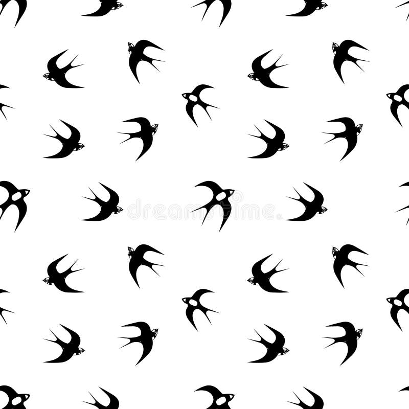 Hand-drawn black vector seamless pattern illustration of group of swallows or martlets are flying on a white background royalty free illustration