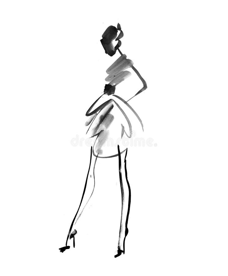 Hand drawn black and white fashion sketch. woman or girl decorative silysed silhouette. ink paint shabby dinamic illustration