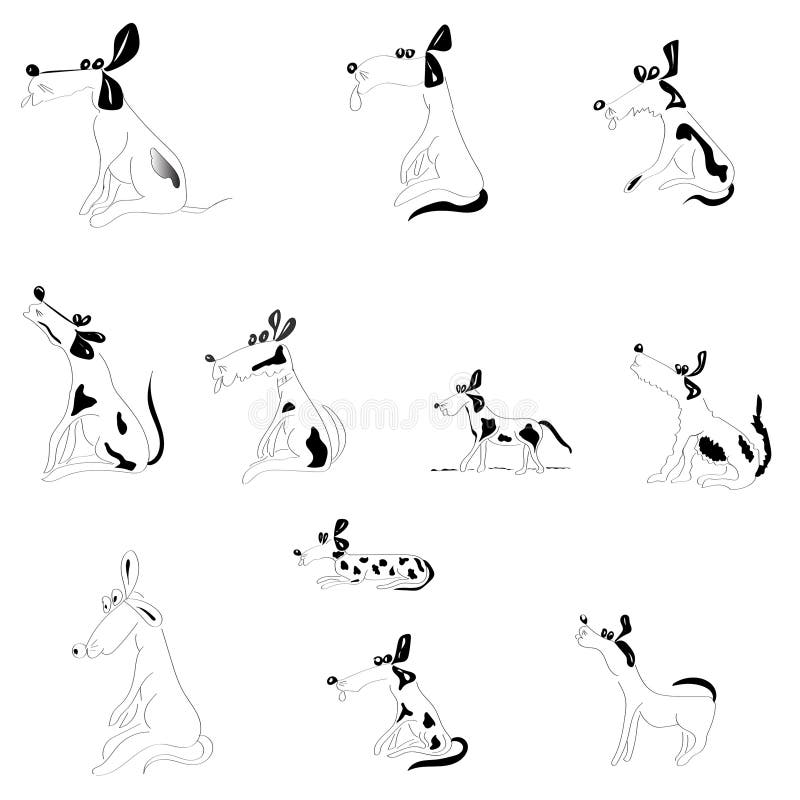 Hand-drawn black and white set of sketches of silhouettes of funny funny pets dogs on a white background stock illustration Hand-drawn black and white set of sketches of silhouettes of funny funny pets dogs on a white background stock illustration