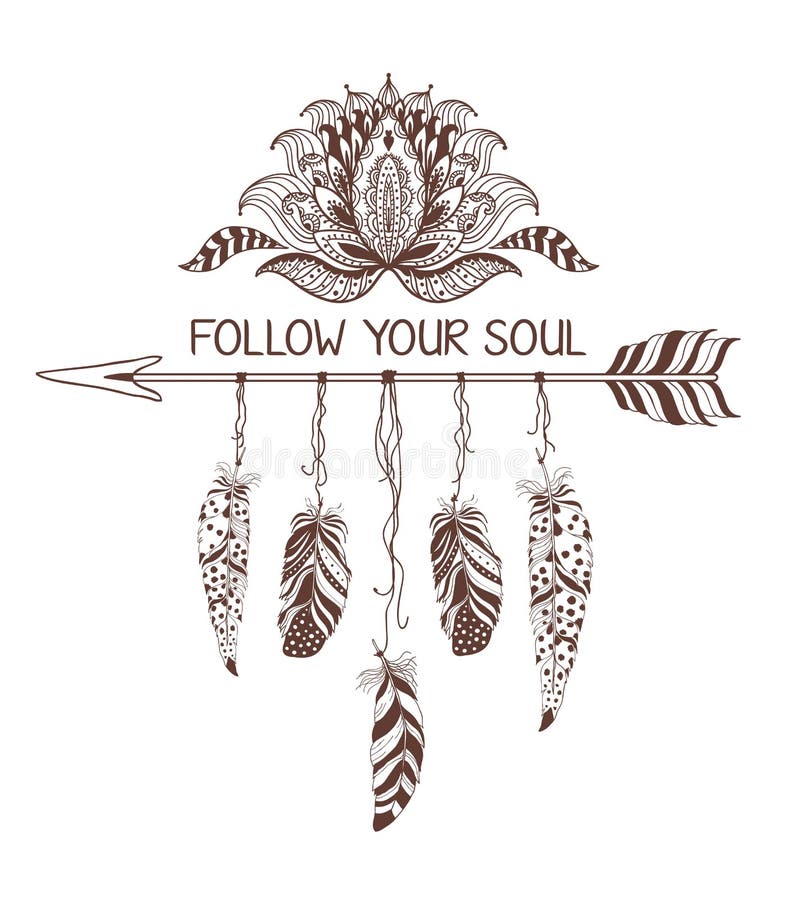 Hand drawn boho style design with lotus flower, arrow and feathers.