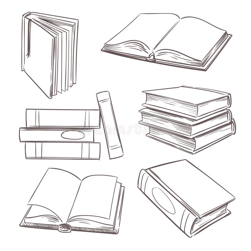 Hand drawn vintage books. Sketch book piles. Library, bookshop