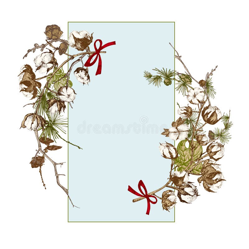 Hand drawn botanical sketch garland with christmas plants branches. Vintage engraving style. Traditional holiday