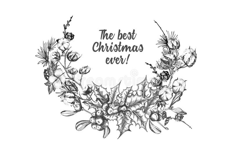 Hand drawn botanical sketch garland with christmas plants branches. Vintage style. Traditional holiday decoration. For