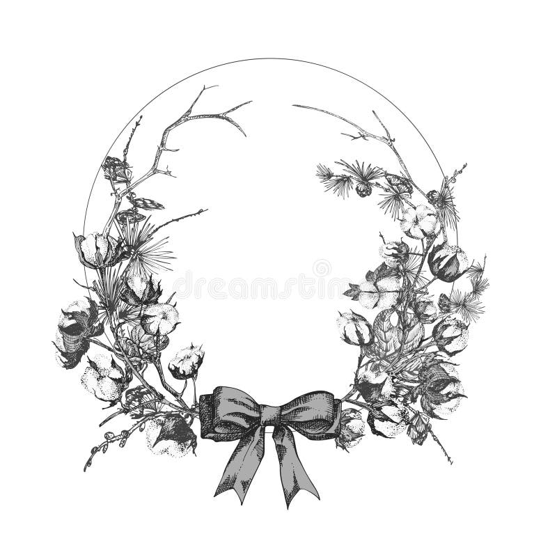 Hand drawn botanical sketch garland with christmas plants Vintage engraving black and white style illustration