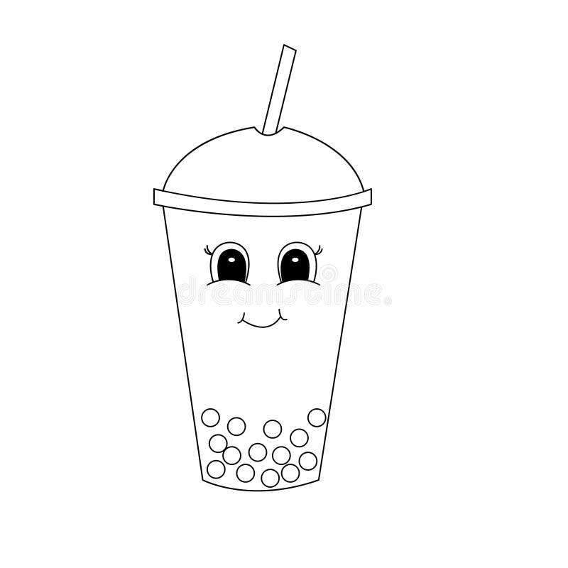 Hand Drawn Bubble Tea, of Black Contour Isolated on White Background