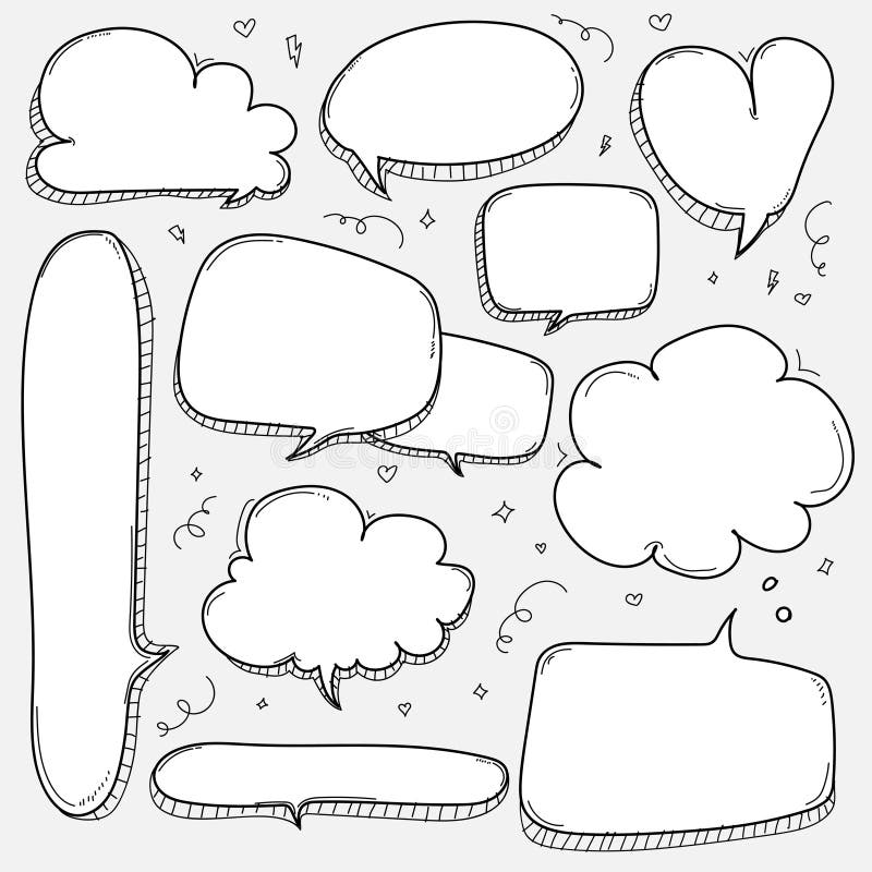 Hand Drawn Bubbles Set. Doodle Style Comic Balloon, Cloud Shaped Design Elements. stock illustration