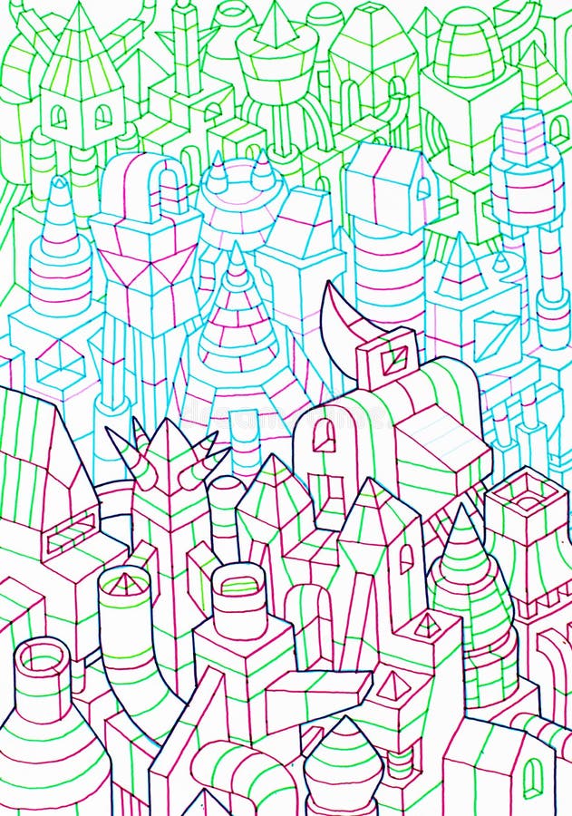 Hand drawn of buildings, forming a community royalty free illustration