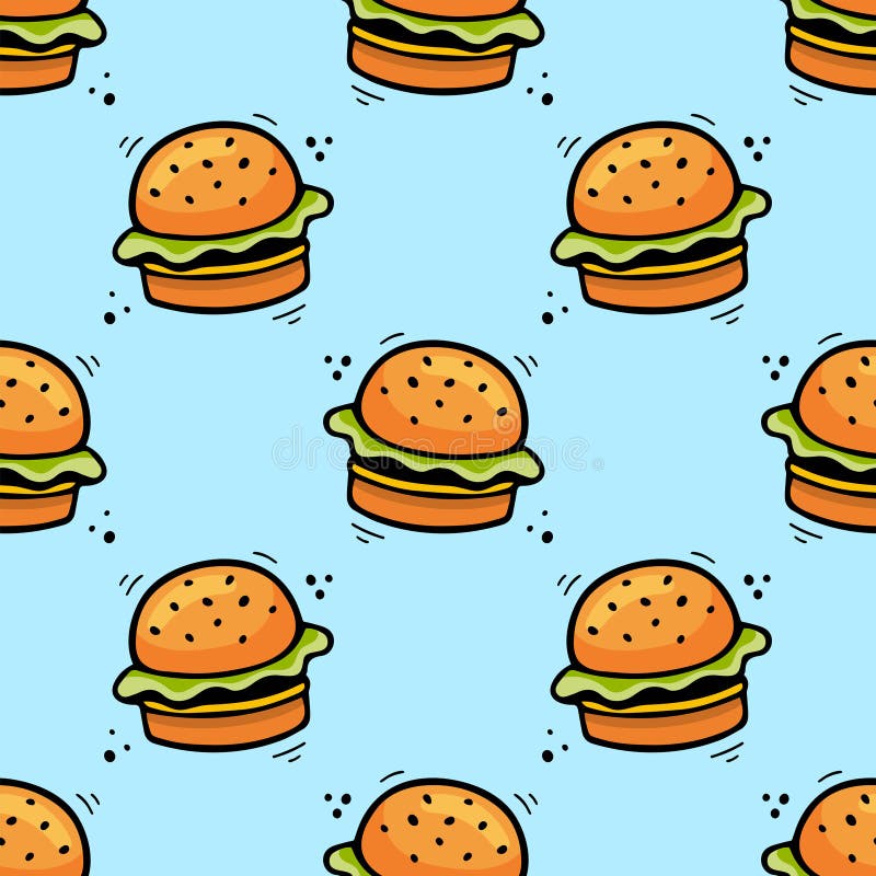 Hand Drawn Burger Seamless Pattern Comic Doodle Sketch Style Vector Fast Food Illustration