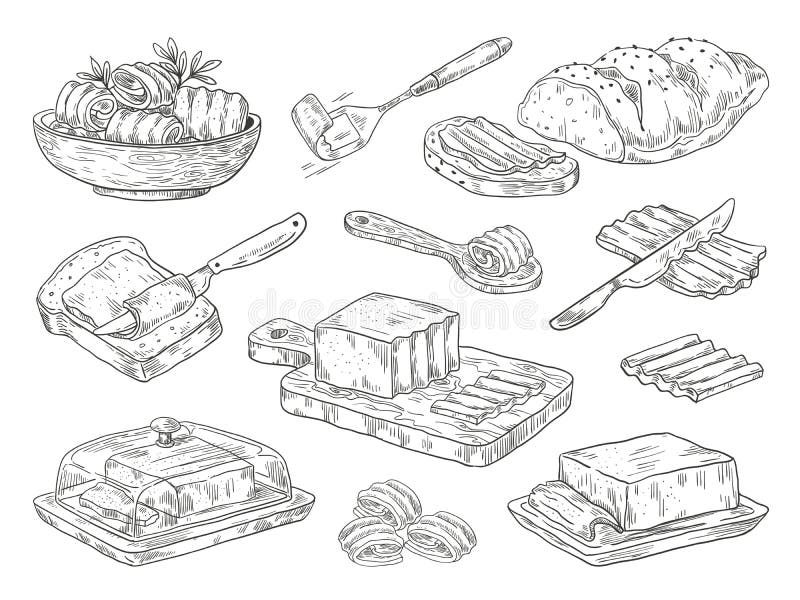 Hand drawn butter. Sketch breakfast culinary ingredient, drawn compositions with bread and butter. Vector doodle set royalty free illustration Hand drawn butter. Sketch breakfast culinary ingredient, drawn compositions with bread and butter. Vector doodle set royalty free illustration