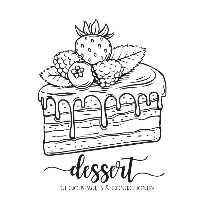 Vector hand drawn cake icon. Piece of chocolate dessert confectionery with berries strawberries, raspberries and blueberries for design cafe menu.