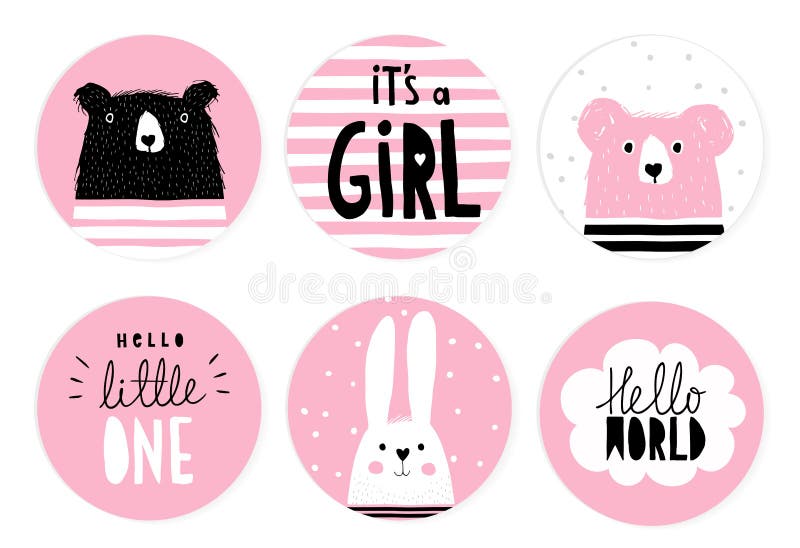 Hand Drawn Candy Bar Baby Shower Vector Tag Set. Teddy Bears, Bunny and Letters in a circle.