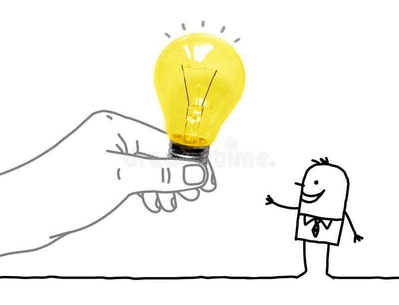 Cartoon Big Hand Giving a Light Bulb to a Cartoon Man