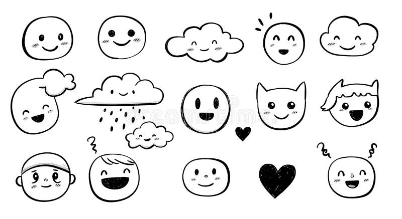 Hand-drawn cartoon faces and clouds in a playful, minimalist style. Features include various expressions such as smiling, surprised, and laughing. Clouds are depicted with simple curvature, some with raindrops. Elements like hearts and musical notes add to the whimsical feel. All illustrations are in black and white with clean, bold outlines against a white background.