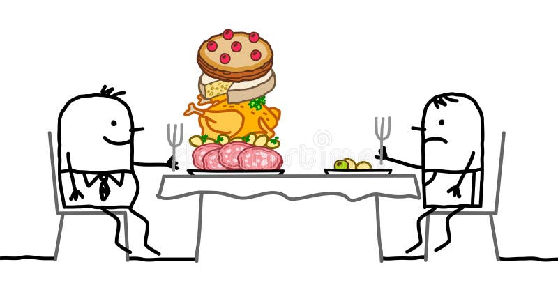 Cartoon Fat Man with a Pile of Food in His Plate, Sitting Front of a Thin  One with a Small Plate Stock Vector - Illustration of lunch, fork: 181109940