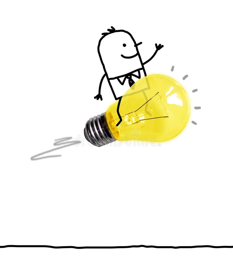 Hand Drawn Cartoon Man Riding on a Light Bulb Rocket
