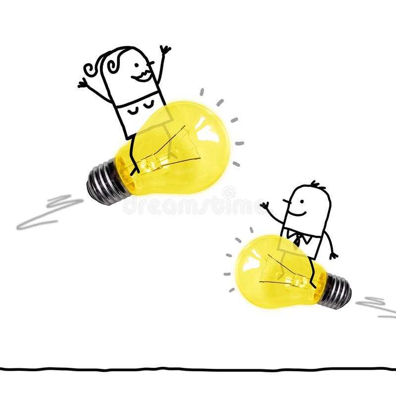 Hand Drawn Cartoon Man and Woman Riding on Light Bulbs Rockets