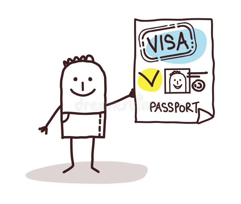 Cartoon smiling man showing a valid Passport and Visa