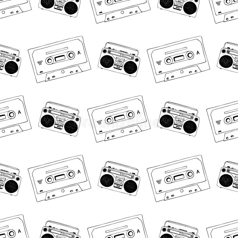 Hand drawn cassette, mixtape and vintage retro record player seamless pattern, black and white cartoon doodle background