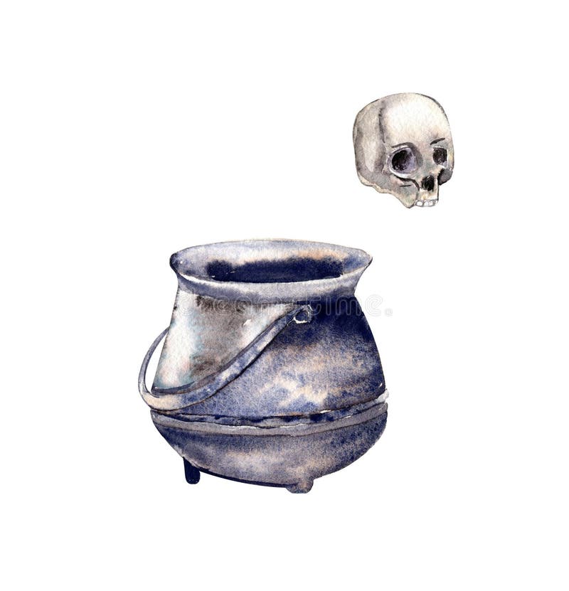 Hand Drawn Cauldron and Skull Stock Illustration - Illustration of