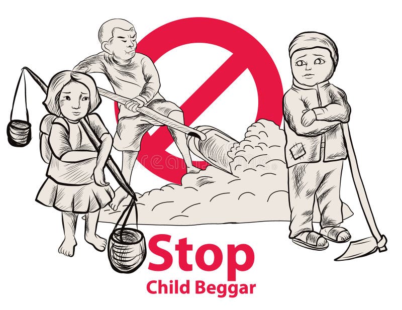 Hand drawn Child lake a freedom they need education,red symbol stop child beggar