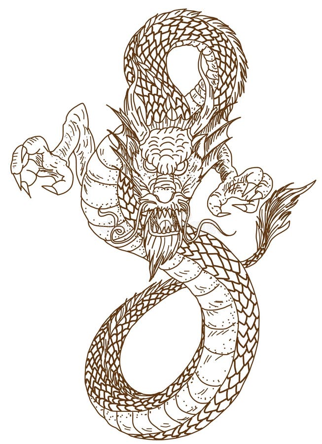Fierce Chinese Dragon Black Line Drawing Design | Poster