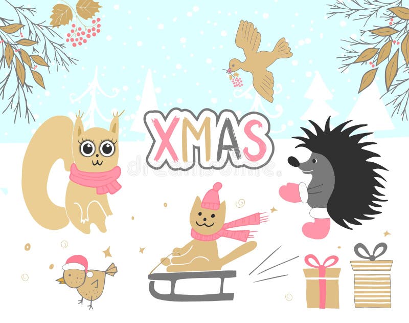 Hand drawn christmas card with cute squirrel, bird, hedgehog, gifts, cat riding a sleigh and other items. stock illustration Hand drawn christmas card with cute squirrel, bird, hedgehog, gifts, cat riding a sleigh and other items. stock illustration