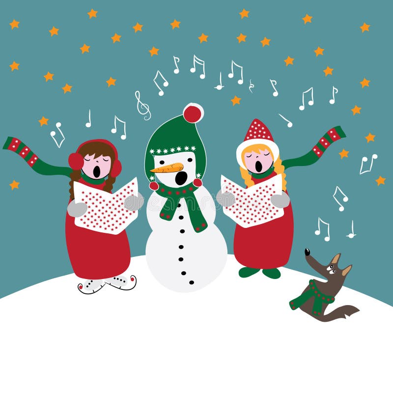 Christmas carols , children with snowman and dog singing, vector illustration royalty free illustration Christmas carols , children with snowman and dog singing, vector illustration royalty free illustration