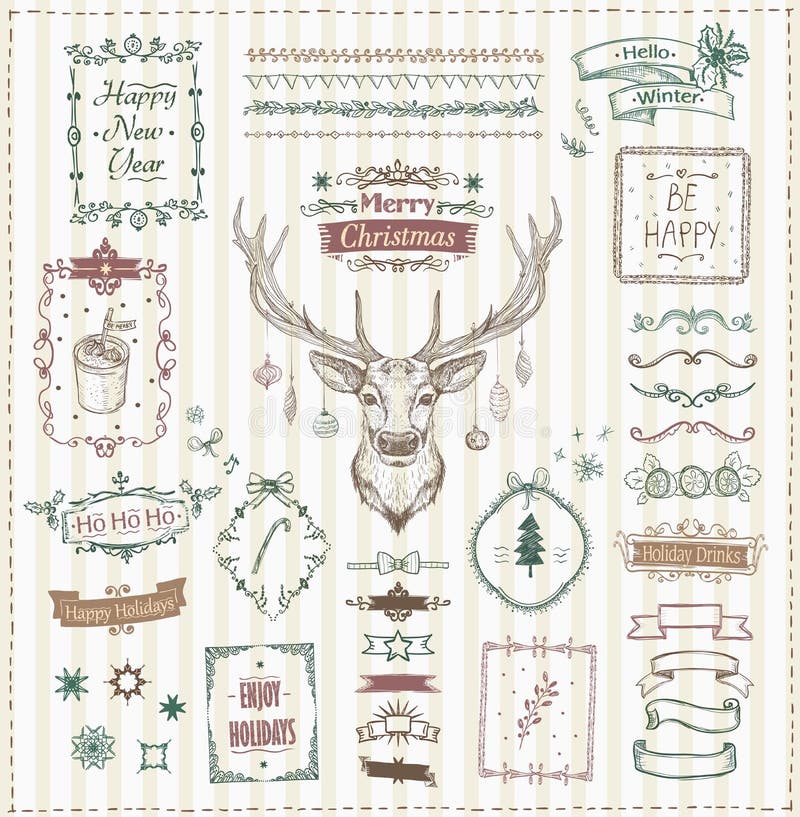 Hand drawn Christmas and New Year sketch elements stock illustration