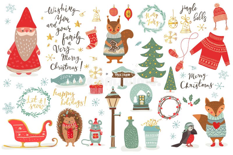 Hand drawn Christmas set in cartoon style. Funny card with cute animals and other elements