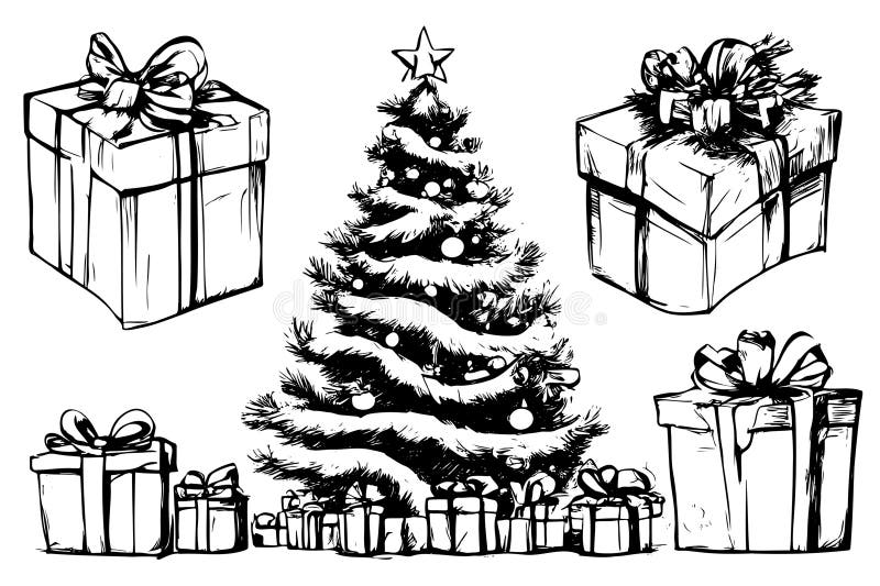 Hand Drawn Christmas Tree Gift Boxes Drawing, Etching, Ink, Line Art