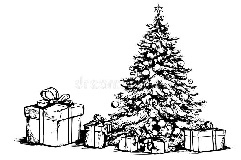 Hand Drawn Christmas Tree and Gift Boxes. Vector Illustration Sketch