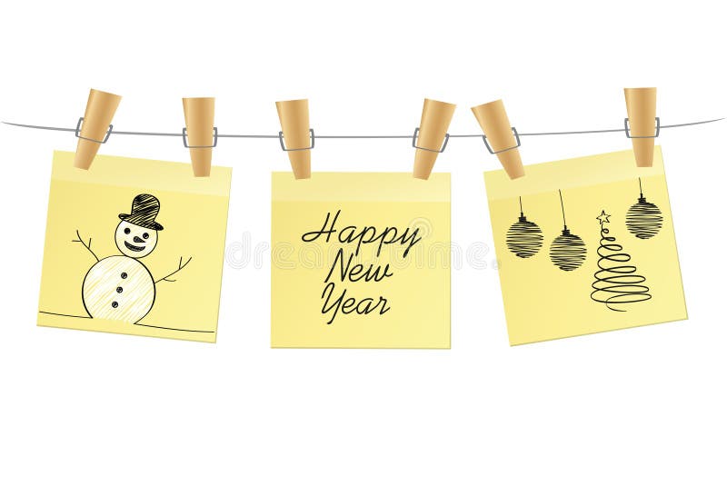 Hand-drawn christmas tree and snowman and red balls on three yellow stickers. Greeting card. Vector on white background