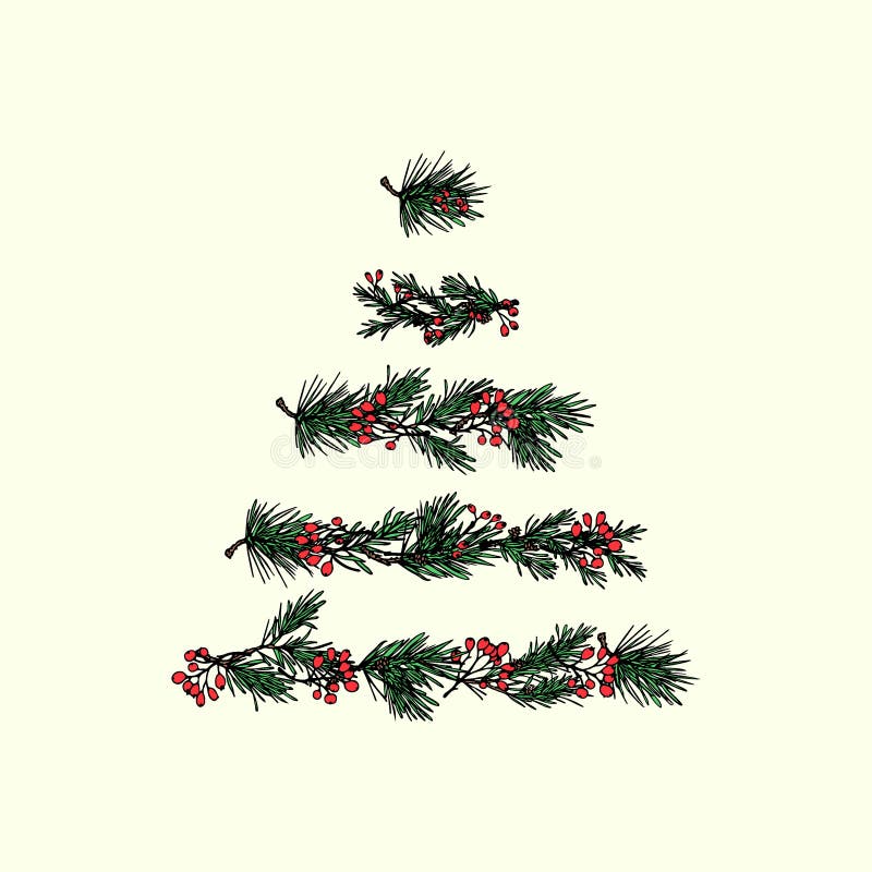 Vector illustration of hand drawn Christmas tree made of pine boughs and barberry. Beautiful Christmas floral design elements