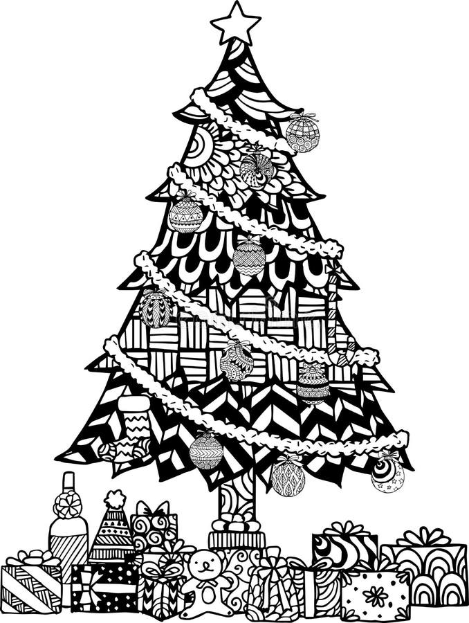 Hand drawn Christmas tree zentangle style with Christmas balls and gift boxes.