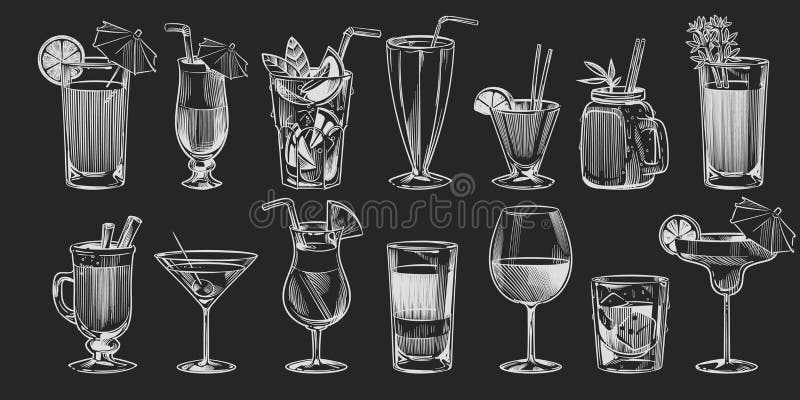 Hand drawn cocktails. Sketch cocktail set on black background chalk drawing style alcohol drink in glass for party