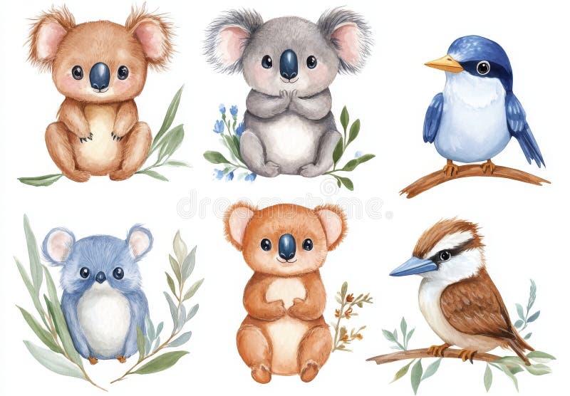 A hand-drawn collection of Australian wildlife watercolors, featuring realistic depictions of a kangaroo, koala royalty free stock photos