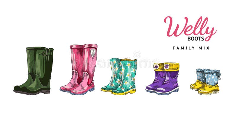 Hand Drawn Colorful Rubber Boots for Rainy Weather, Sketch Vector ...