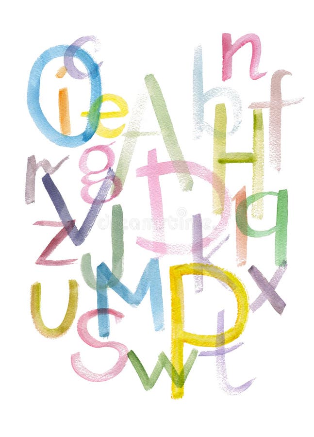 Hand drawn colorful watercolor alphabet calligraphic font. Watercolor letters. royalty free illustration