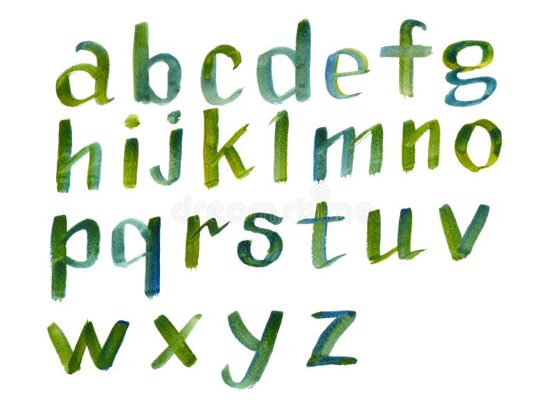Hand drawn colorful watercolor alphabet calligraphic font. Watercolor letters. stock illustration