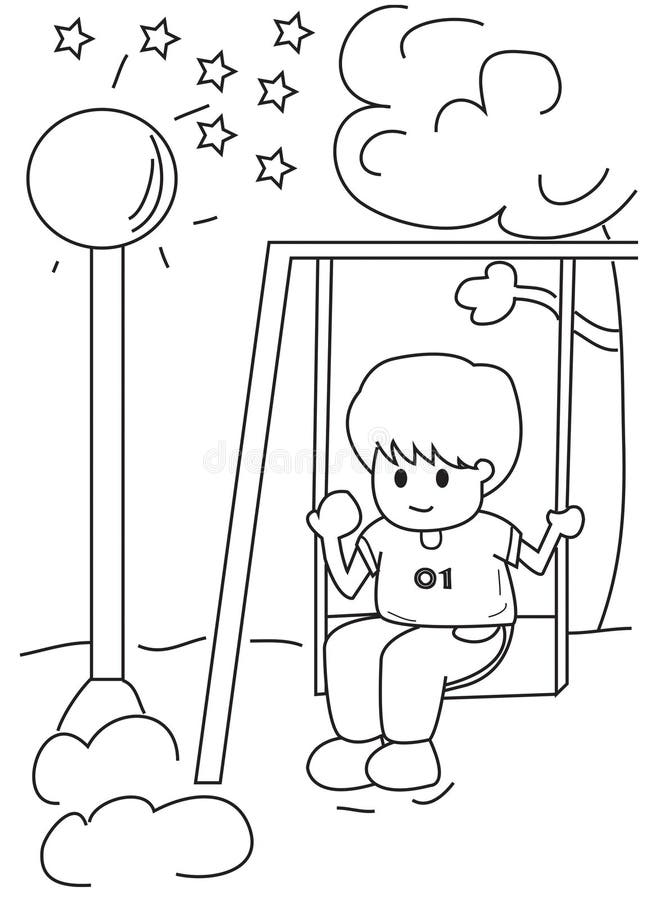 Hand Drawn Coloring Page Of A Boy On A Swing Stock Illustration