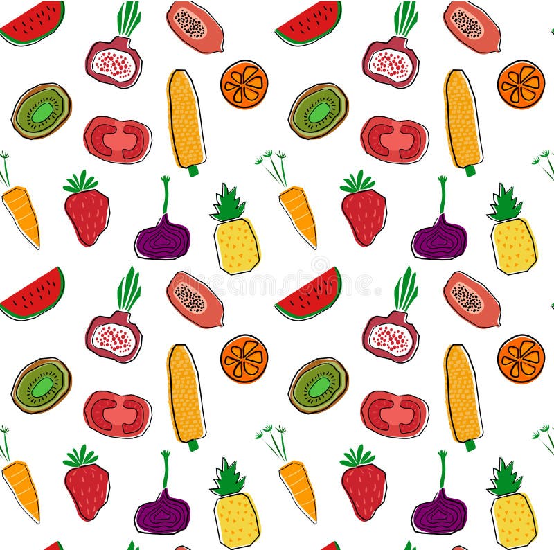 Hand Drawn Colourful Fruits and Vegetables Pattern Seamless Background ...