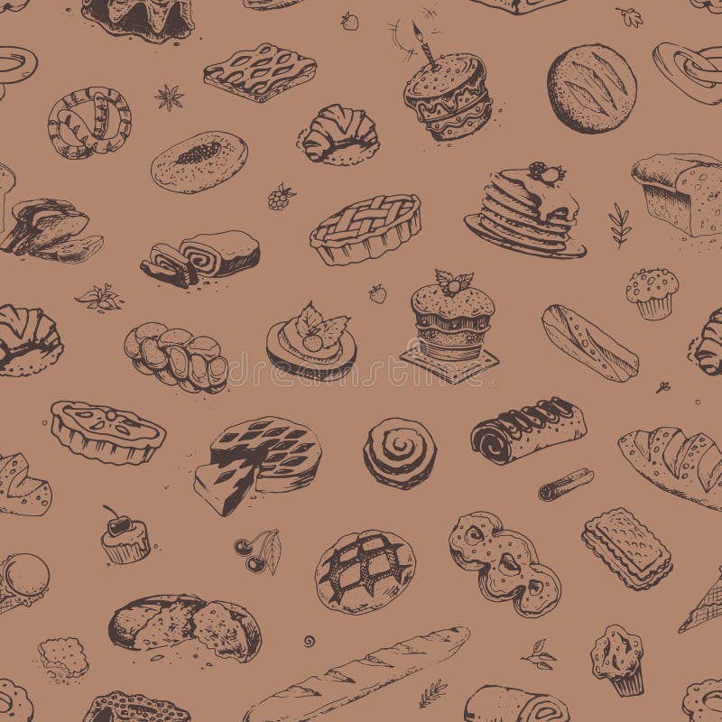 Hand drawn confectionery and bakery icons on seamless pattern. Vintage vector illustration with food sketches of bread, cake, croissant and muffin on kraft paper background. Hand drawn confectionery and bakery icons on seamless pattern. Vintage vector illustration with food sketches of bread, cake, croissant and muffin on kraft paper background