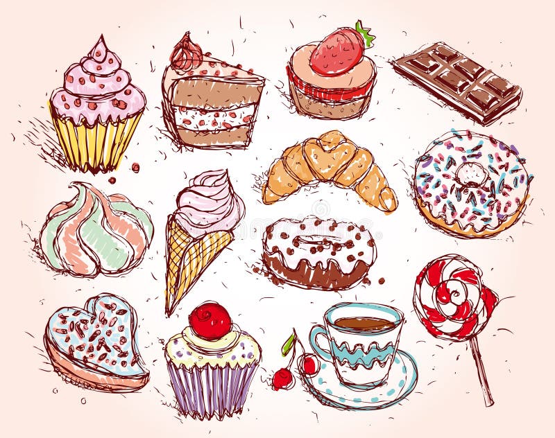 Hand drawn confectionery set croissant Cupcake candy marshmallow ice cream cake donut and coffee.
