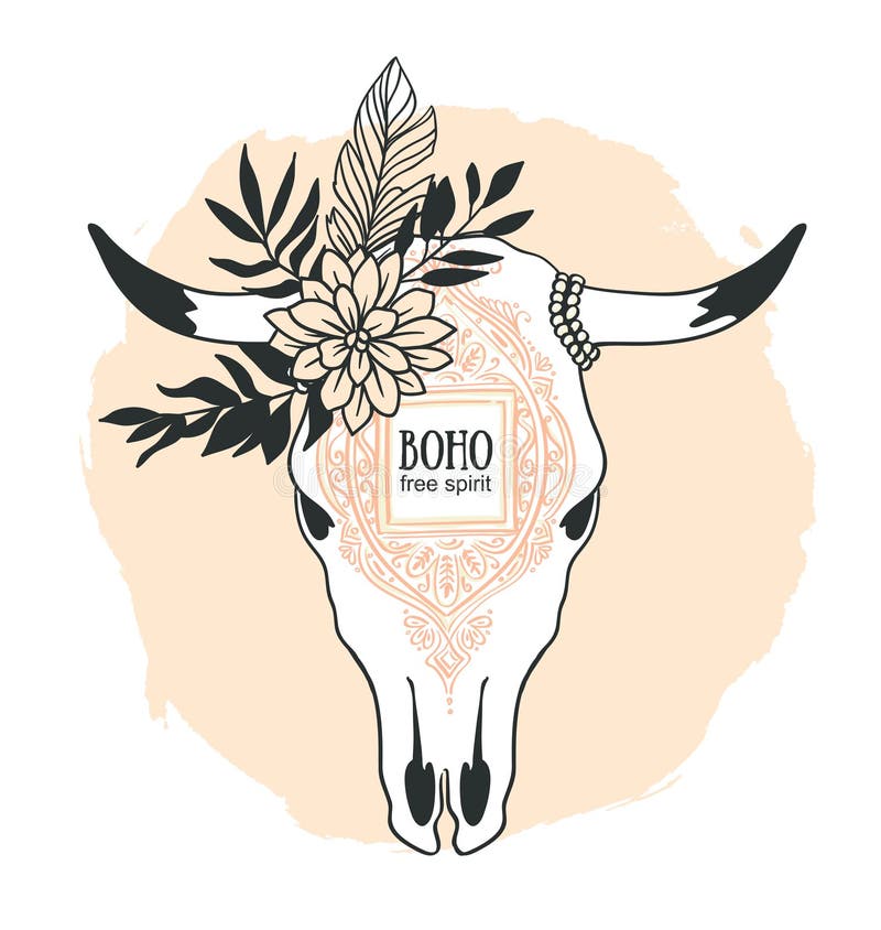 Hand Drawn Cow Skull with Ornament, Flower, Leaves and Feather. Stock ...