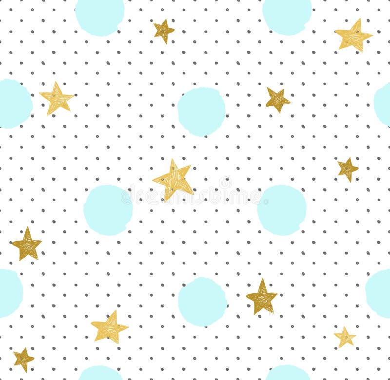 Hand drawn creative background. Simple minimalistic seamless pattern with golden stars and blue circles. royalty free illustration Hand drawn creative background. Simple minimalistic seamless pattern with golden stars and blue circles. royalty free illustration