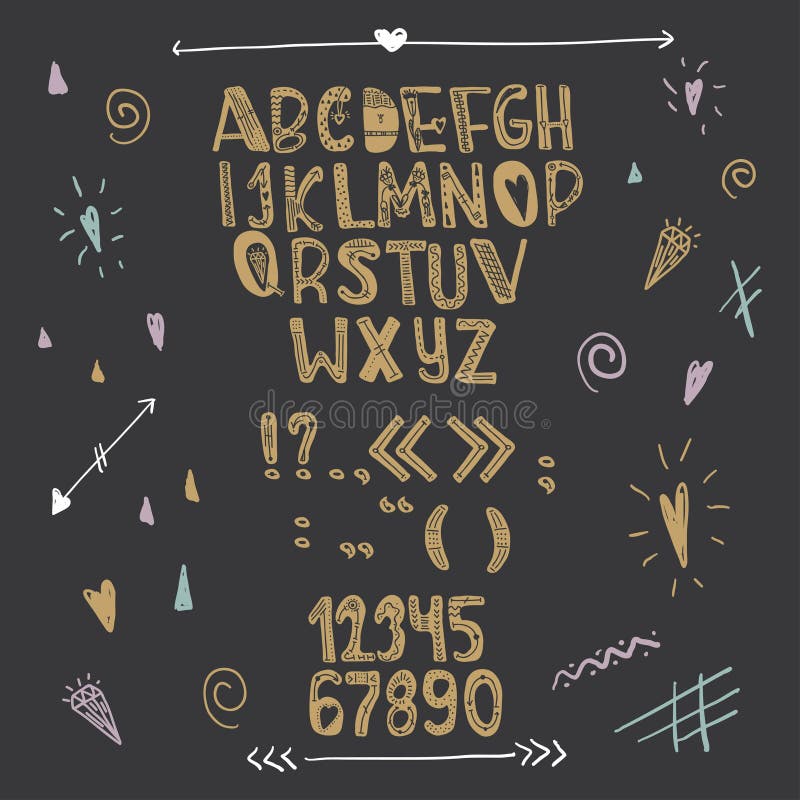 Hand Drawn Creative Love Alphabet. Gold Letters on a Black Background