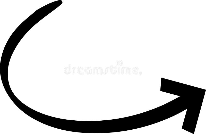 Hand drawn curved arrow pointing to the right, creating a dynamic visual element with a sketchy and informal style royalty free illustration