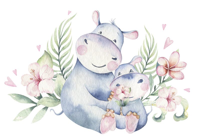 Hand drawn cute isolated tropical summer watercolor hippo animals. hippopotamus baby and mother cartoon animal illustrations, jungle tree, brazil trendy design.