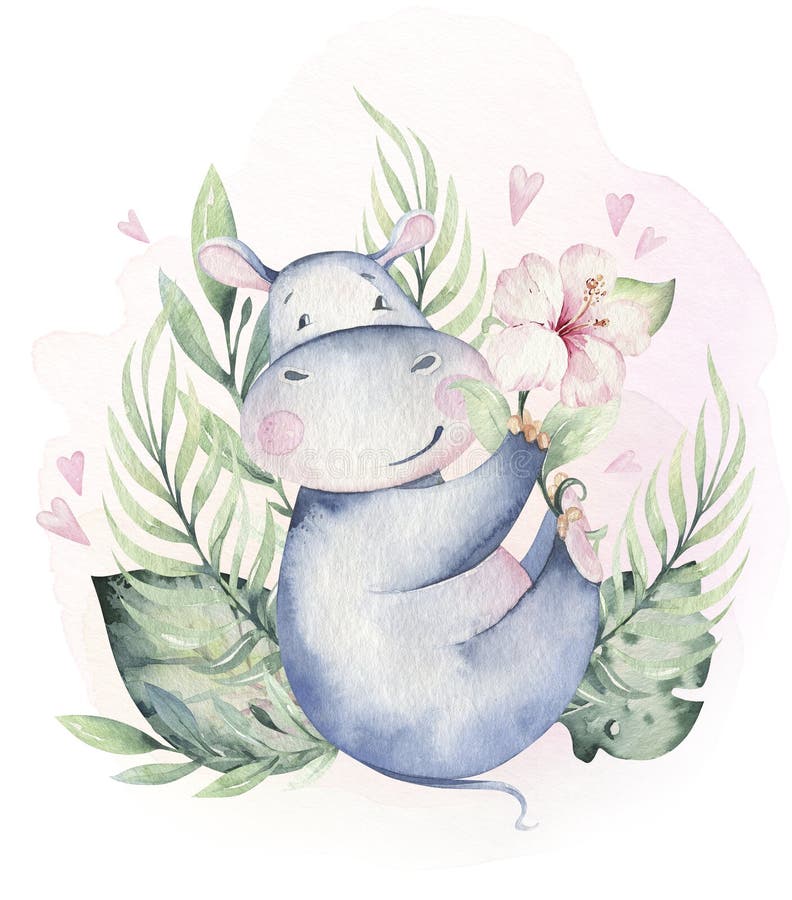 Hand drawn cute isolated tropical summer watercolor hippo animals. hippopotamus baby and mother cartoon animal illustrations, jungle tree, brazil trendy design.